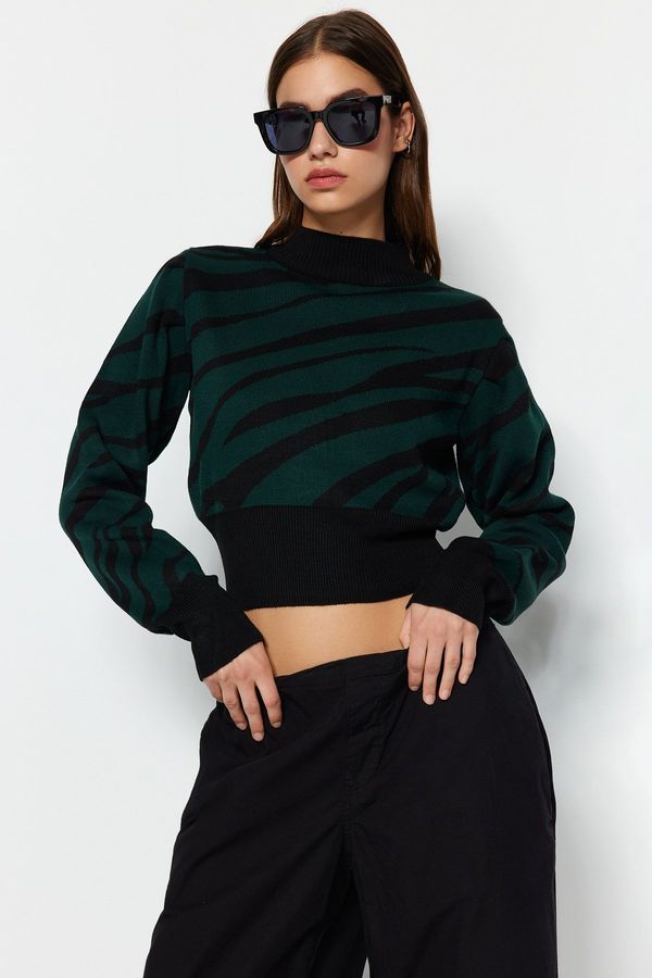 Trendyol Trendyol Emerald Green Zebra Pattern Crop Knit Sweater