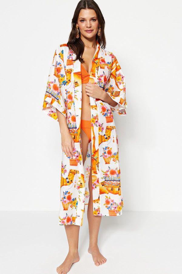 Trendyol Trendyol Ethnic Pattern Belted Maxi-Weave 100% Cotton Kimono & Kaftan
