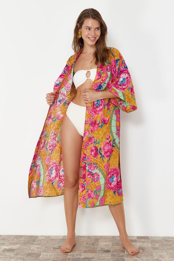 Trendyol Trendyol Ethnic Patterned Belted Midi Woven 100% Cotton Kimono&Kaftan