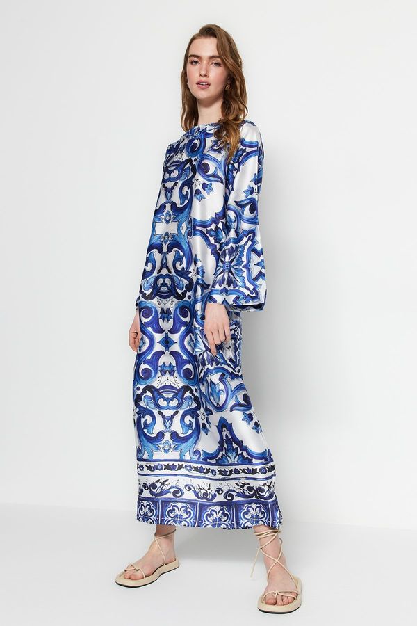 Trendyol Trendyol Ethnic Patterned Evening Dress With Blue Satin Surface