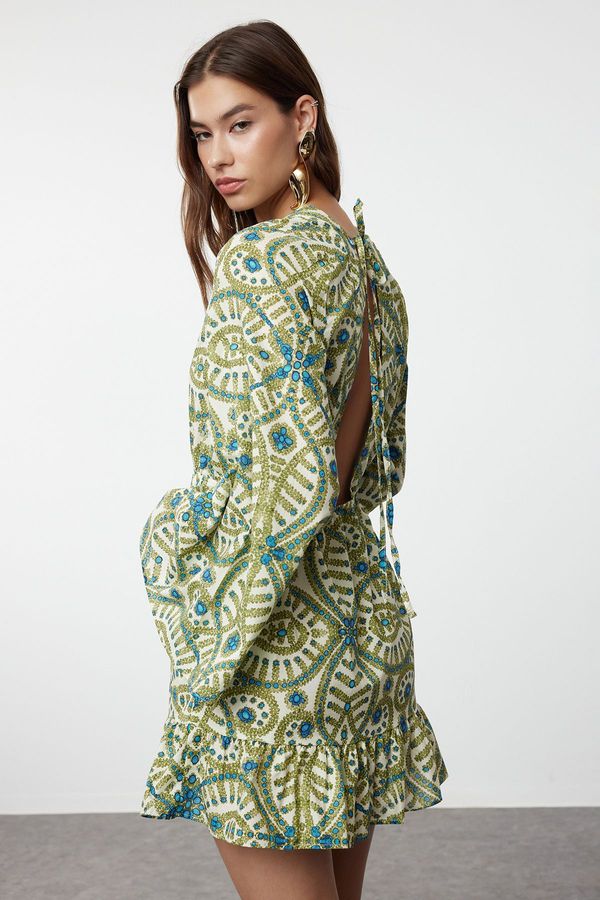 Trendyol Trendyol Ethnic Patterned Mini Woven Flounce/Ruffle Detailed 100% Cotton Beach Dress