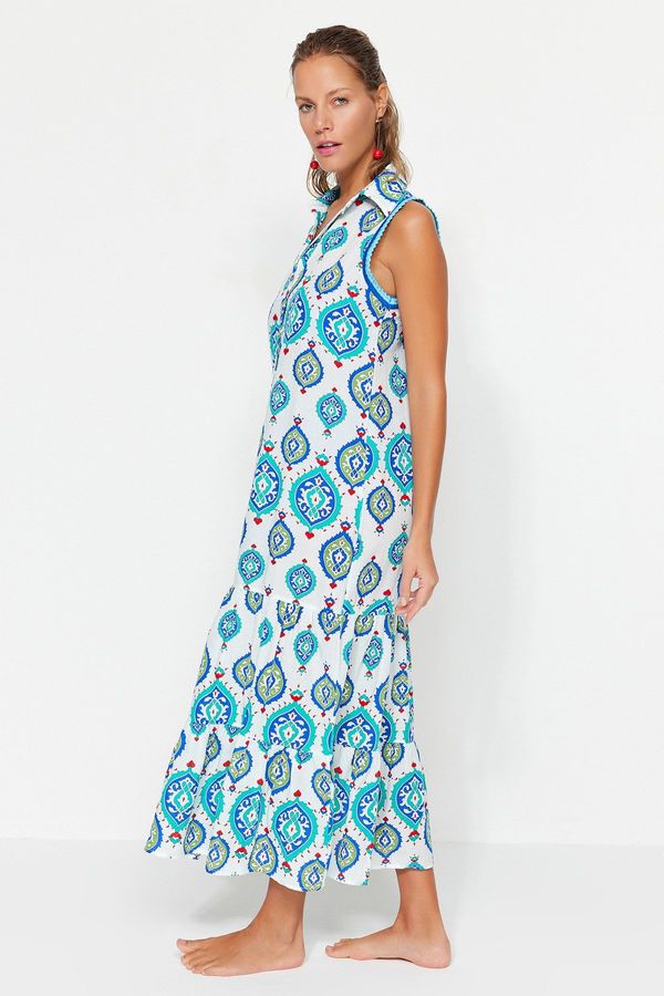 Trendyol Trendyol Ethnic Patterned Wide Fit Maxi 100% Cotton Beach Dress with Woven Stripe Accessories
