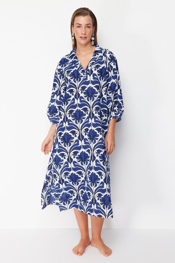 Trendyol Trendyol Ethnic Patterned Wide Fit Midi Woven 100% Cotton Beach Dress
