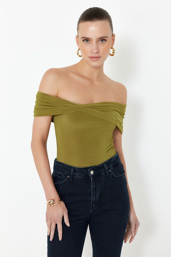 Trendyol Trendyol Fat Green Carmen Collar Fitted Stretchy Crop Knitted Blouse