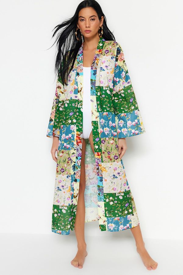 Trendyol Trendyol Floral Pattern Belted Maxi-Weave 100% Cotton Kimono & Caftan