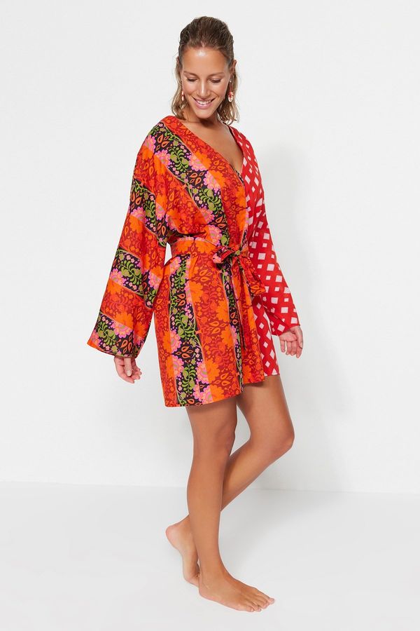 Trendyol Trendyol Floral Pattern Belted Mini-Weave 100% Cotton Beach Dress