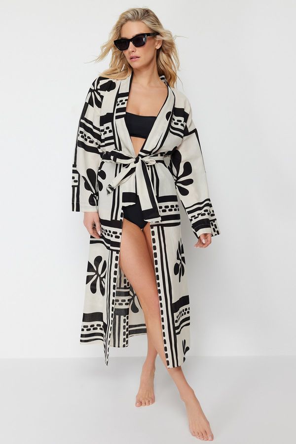 Trendyol Trendyol Floral Patterned Belted Maxi Woven 100% Cotton Kimono & Kaftan