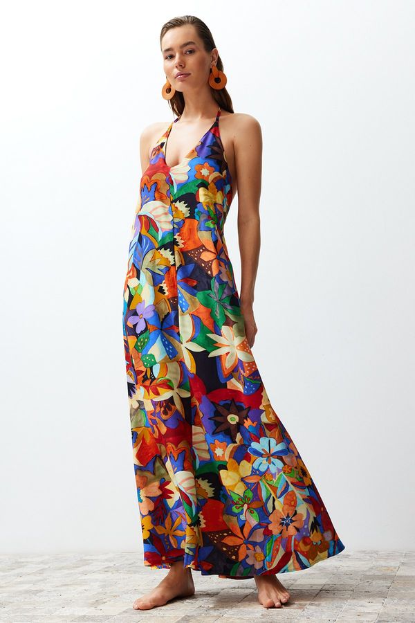 Trendyol Trendyol Floral Patterned Maxi Woven Back Low-cut Beach Dress