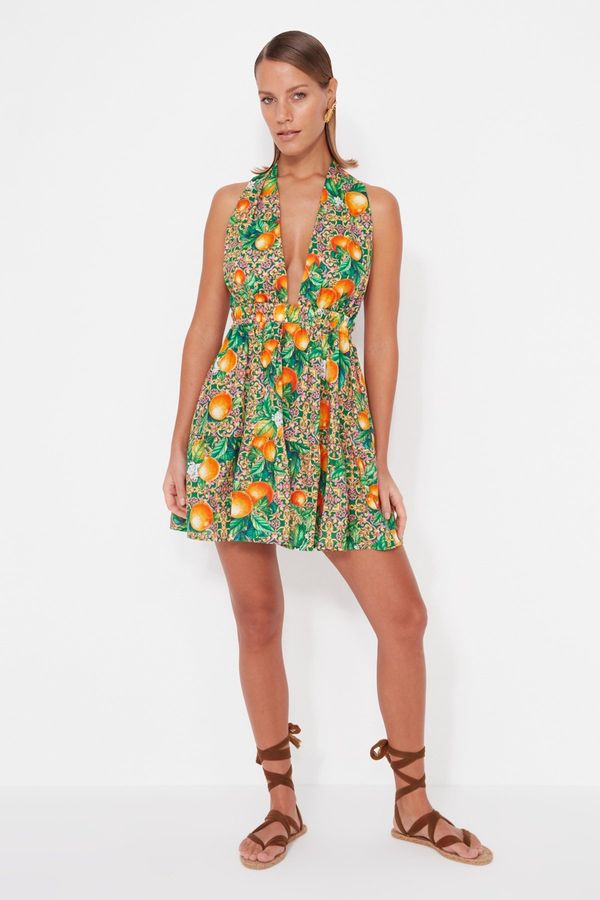 Trendyol Trendyol Fruit Patterned Mini Woven Backless 100% Cotton Beach Dress
