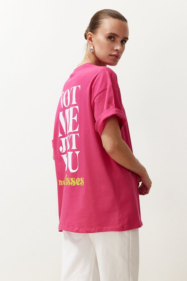 Trendyol Trendyol Fuchsia 100% Cotton Back and Front Motto Printed Oversize/Comfortable Fit Knitted T-Shirt