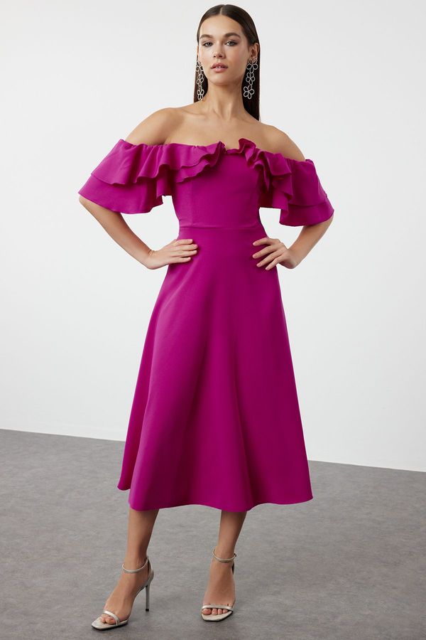 Trendyol Trendyol Fuchsia A-Line Carmen Collar Woven Elegant Evening Dress