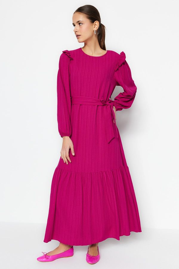 Trendyol Trendyol Fuchsia Belted Viscose Blended Woven Dress With Ruffled Shoulder Frilly Skirt Flounce Lined