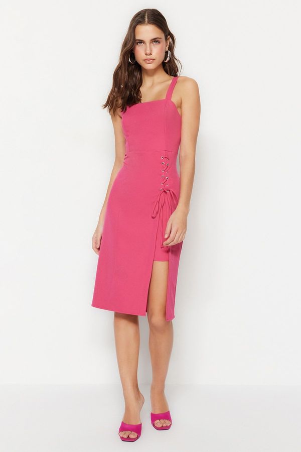 Trendyol Trendyol Fuchsia Body Hugging Eyelet Detailed Slit Square Collar Midi Woven Dress