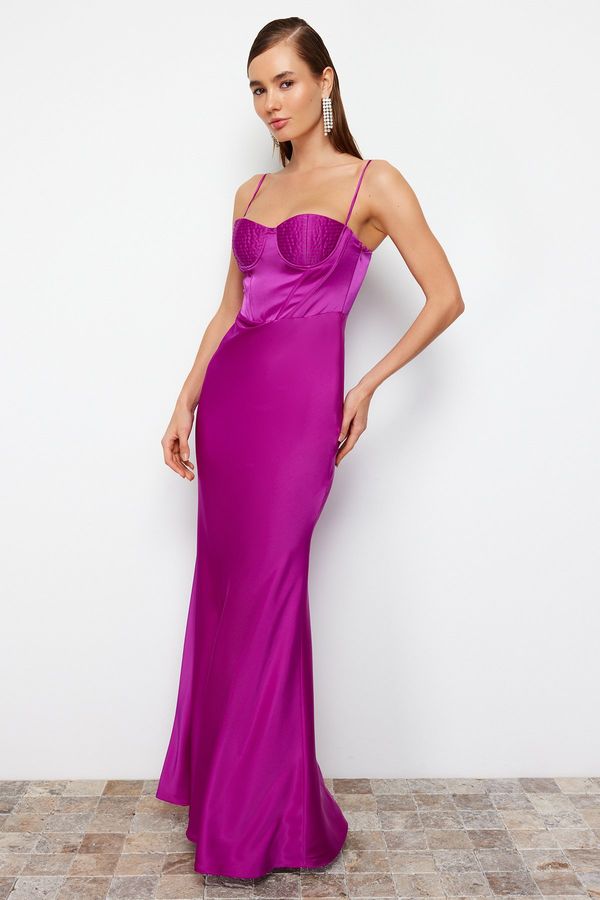 Trendyol Trendyol Fuchsia Body-Sitting Woven Corset Detailed Satin Long Evening Dress