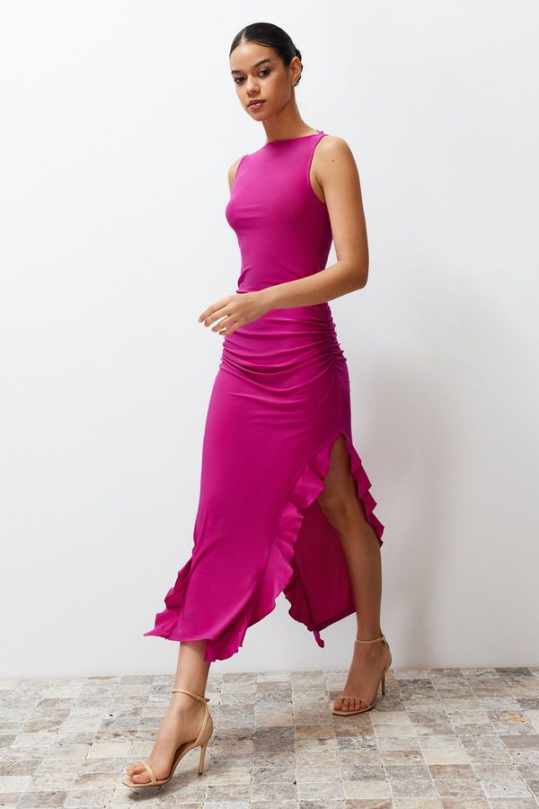 Trendyol Trendyol Fuchsia Bodycone Zero Sleeve Slit Ruffle Detailed Stretchy Thick Sandy Maxi Pencil Dress