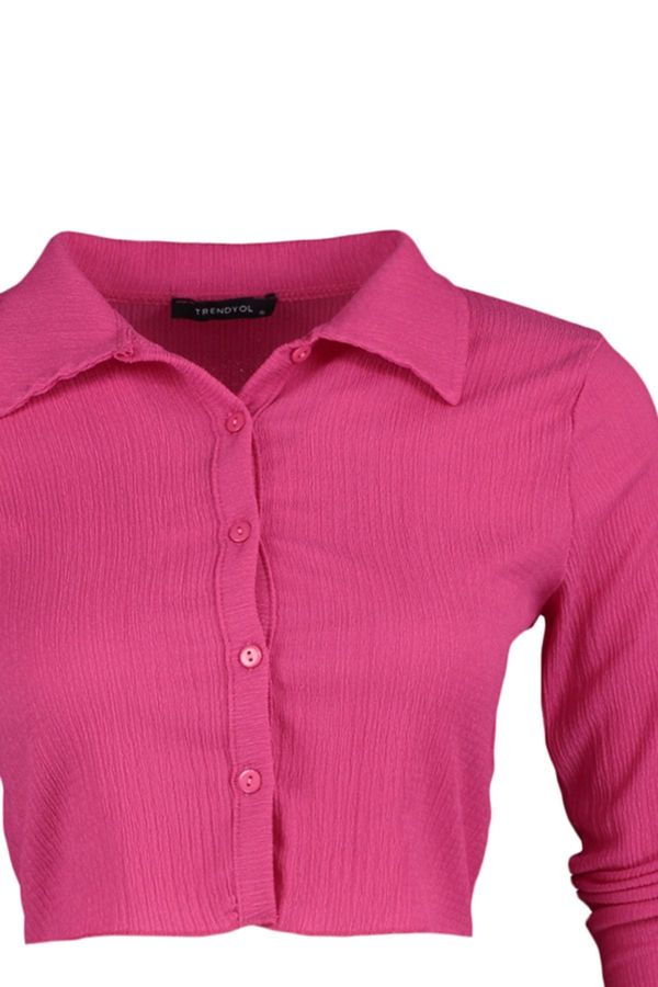 Trendyol Trendyol Fuchsia Buttoned Fitted Polo Neck Wrap/Textured Crop Knitted Blouse