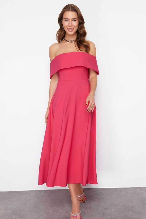 Trendyol Trendyol Fuchsia Carmen Collar A-Line Woven Elegant Evening Dress