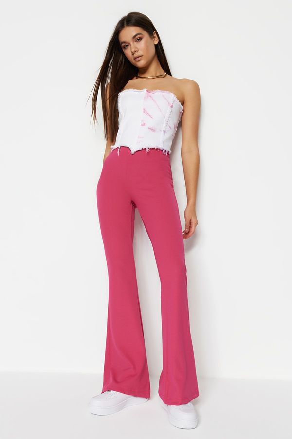 Trendyol Trendyol Fuchsia Corduroy Flare/Flare-Down Leg High Waist Knitted Knitted Leggings Trousers