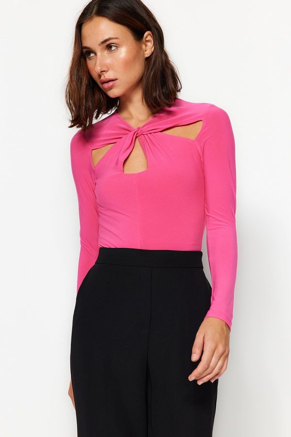 Trendyol Trendyol Fuchsia Cut Out and Gathered Detail Fitted Bodysuit with Flexible Snaps Knit Body