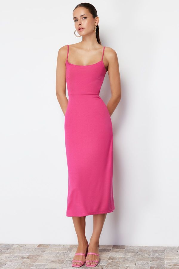 Trendyol Trendyol Fuchsia Cut Out Detailed Fitted Midi Knitted Midi Dress with Slit