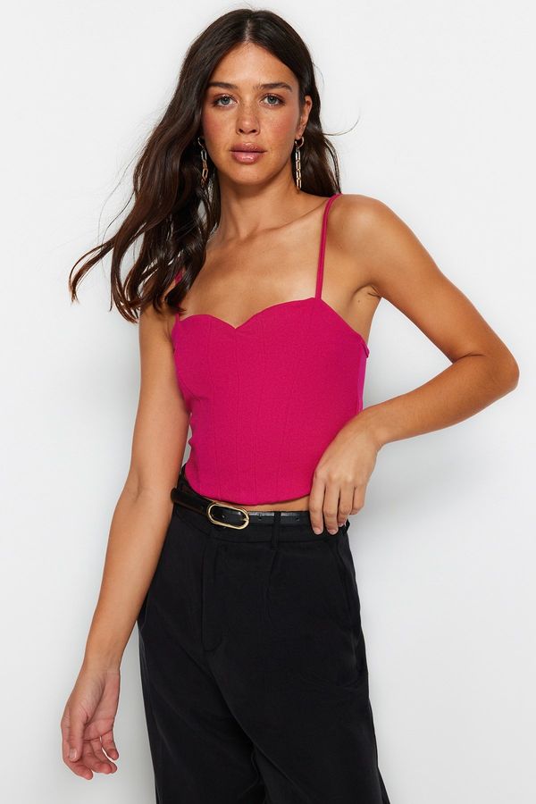 Trendyol Trendyol Fuchsia Fitted Crepe Knitted Bustier with Crop Straps