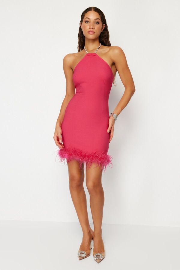 Trendyol Trendyol Fuchsia Fitted Evening Dress in Weave Occlusion with Shiny Stones