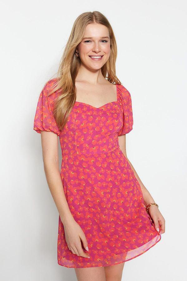 Trendyol Trendyol Fuchsia Floral Print A-Cut Chiffon Lined Mini Woven Dress