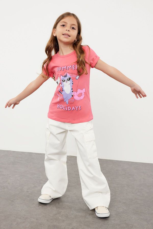 Trendyol Trendyol Fuchsia Girl's Cat Patterned Short Sleeve Knitted T-Shirt