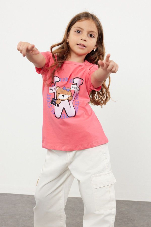 Trendyol Trendyol Fuchsia Girl's Slogan Teddy Bear Patterned Short Sleeve Knitted T-Shirt