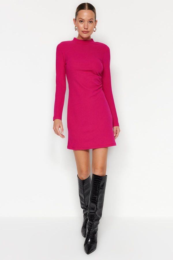 Trendyol Trendyol Fuchsia High Neck Body-Shouldered Gathered Mini Knitted Dress