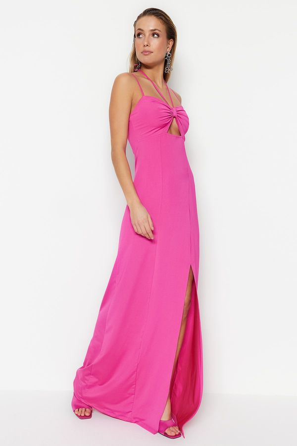 Trendyol Trendyol Fuchsia Lined Knitted Window/Cut Out Detailed Long Evening Dress