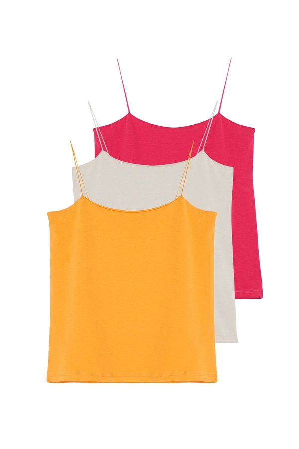 Trendyol Trendyol Fuchsia-Mustard-Beige 3-Pack Strappy Fitted Square Collar Flexible Knitted Undershirt
