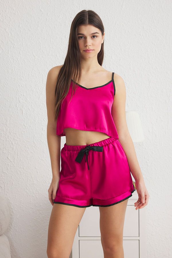 Trendyol Trendyol Fuchsia Plain Piping Satin Woven Pajama Set