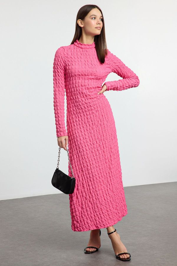 Trendyol Trendyol Fuchsia Plain Textured Stand Collar A-Line Flexible Maxi Knit Dress