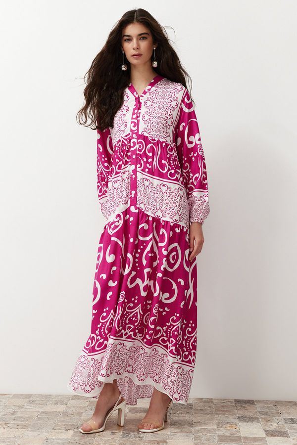 Trendyol Trendyol Fuchsia Shawl Patterned Button Detailed Woven Dress