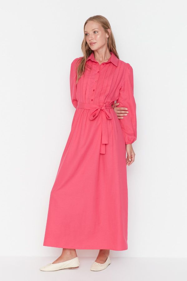 Trendyol Trendyol Fuchsia Shirt Collar With Crimped Pleats Detailed Woven Belted Dress