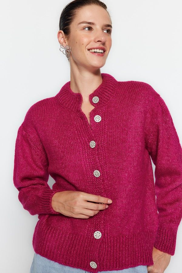 Trendyol Trendyol Fuchsia Soft Textured Knitwear Cardigan with Jeweled Buttons