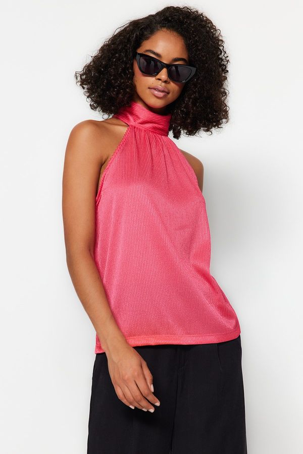 Trendyol Trendyol Fuchsia Standing Neck Pleat Knitted Blouse