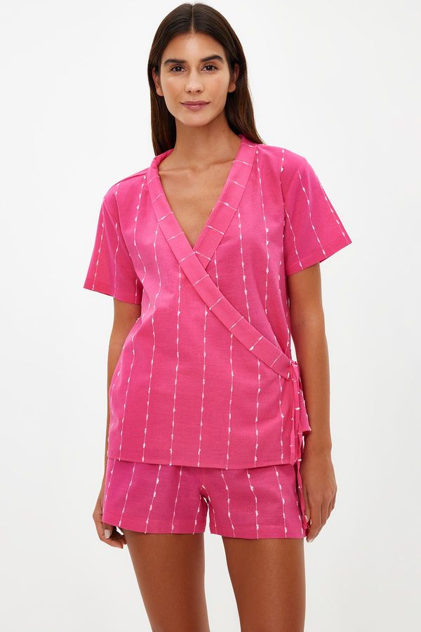 Trendyol Trendyol Fuchsia Striped 100% Cotton Viscose Wide Fit Shirt-Shorts Woven Pajamas Set