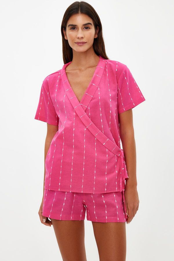 Trendyol Trendyol Fuchsia Striped 100% Cotton Viscose Wide Pattern Shirt-Shorts Woven Pajama Set