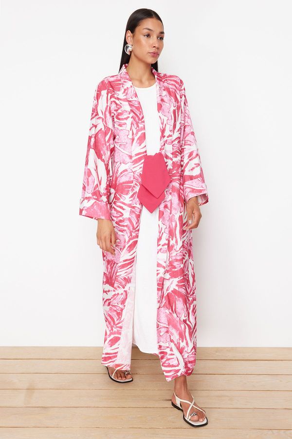 Trendyol Trendyol Fuchsia Tropical Patterned Long Woven Kimono & Kaftan