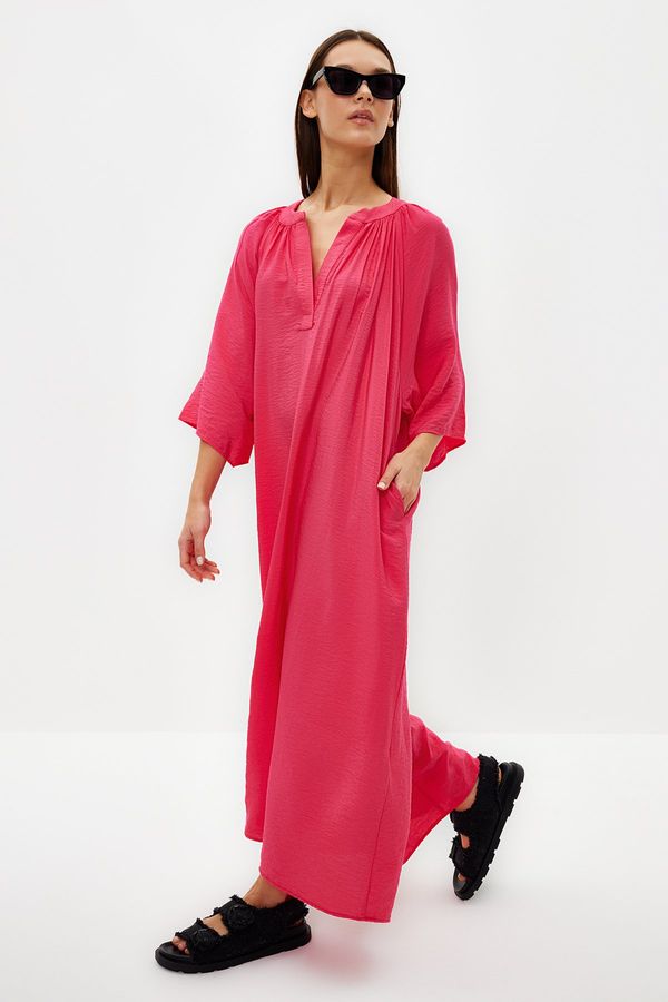 Trendyol Trendyol Fuchsia V-Neck Half Sleeve Aerobin Woven Kimono & Kaftan Dress