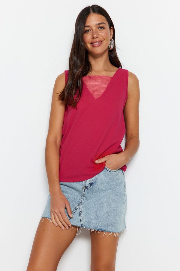 Trendyol Trendyol Fuchsia V-Neck Mesh Detailed Crepe Knitted Blouse