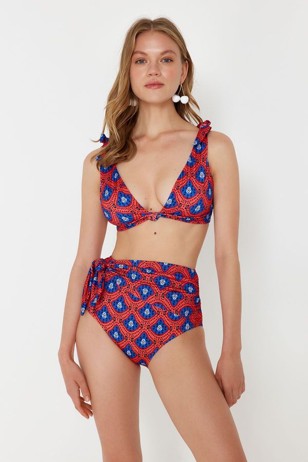 Trendyol Trendyol Geometric Pattern Tie-Up High Waist Hipster Bikini Bottom