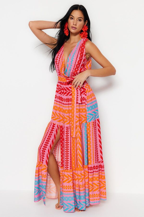 Trendyol Trendyol Geometric Patterned Belted Maxi Weave Ruffled Beach Dress