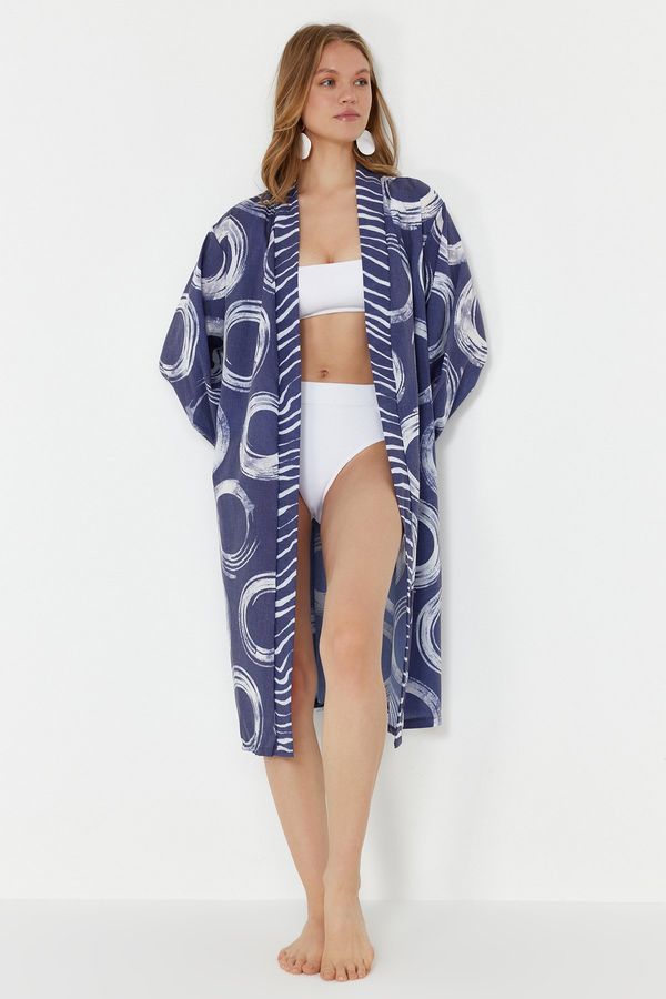 Trendyol Trendyol Geometric Patterned Belted Mini Woven 100% Cotton Kimono&Kaftan