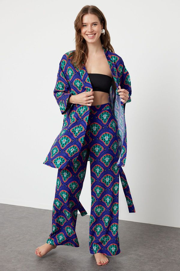Trendyol Trendyol Geometric Patterned Belted Woven Kimono Trousers Set