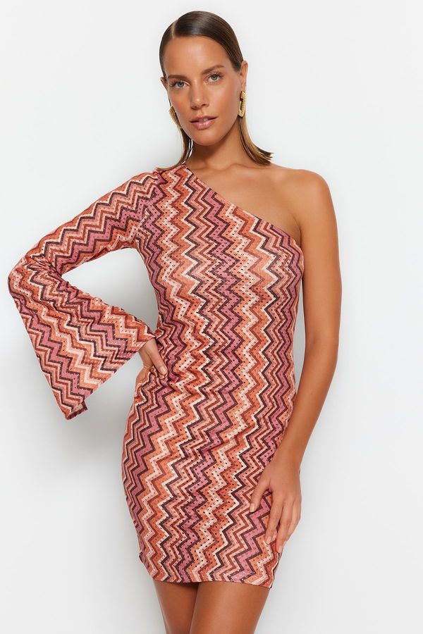 Trendyol Trendyol Geometric Patterned Fitted Mini Knitted One Shoulder Beach Dress