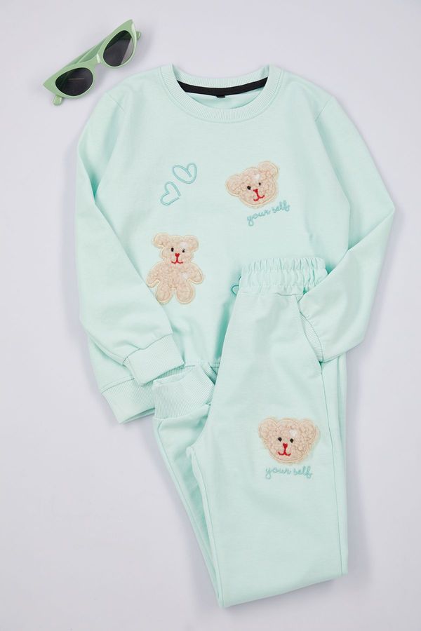 Trendyol Trendyol Girl Mint*001 Bear Patterned Pajama Set Knitted Bottom-Top Set