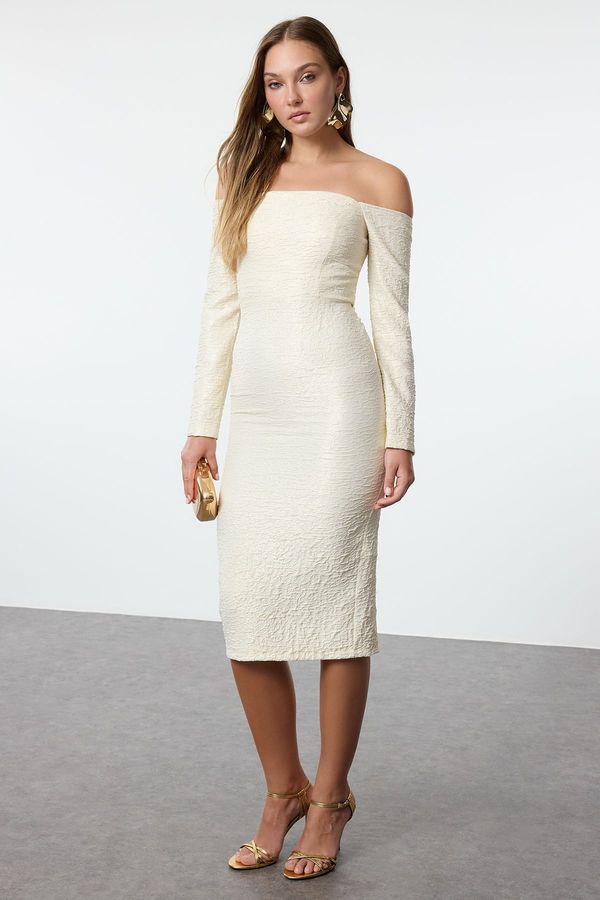 Trendyol Trendyol Gold Carmen Collar Woven Chic Midi Evening Dress